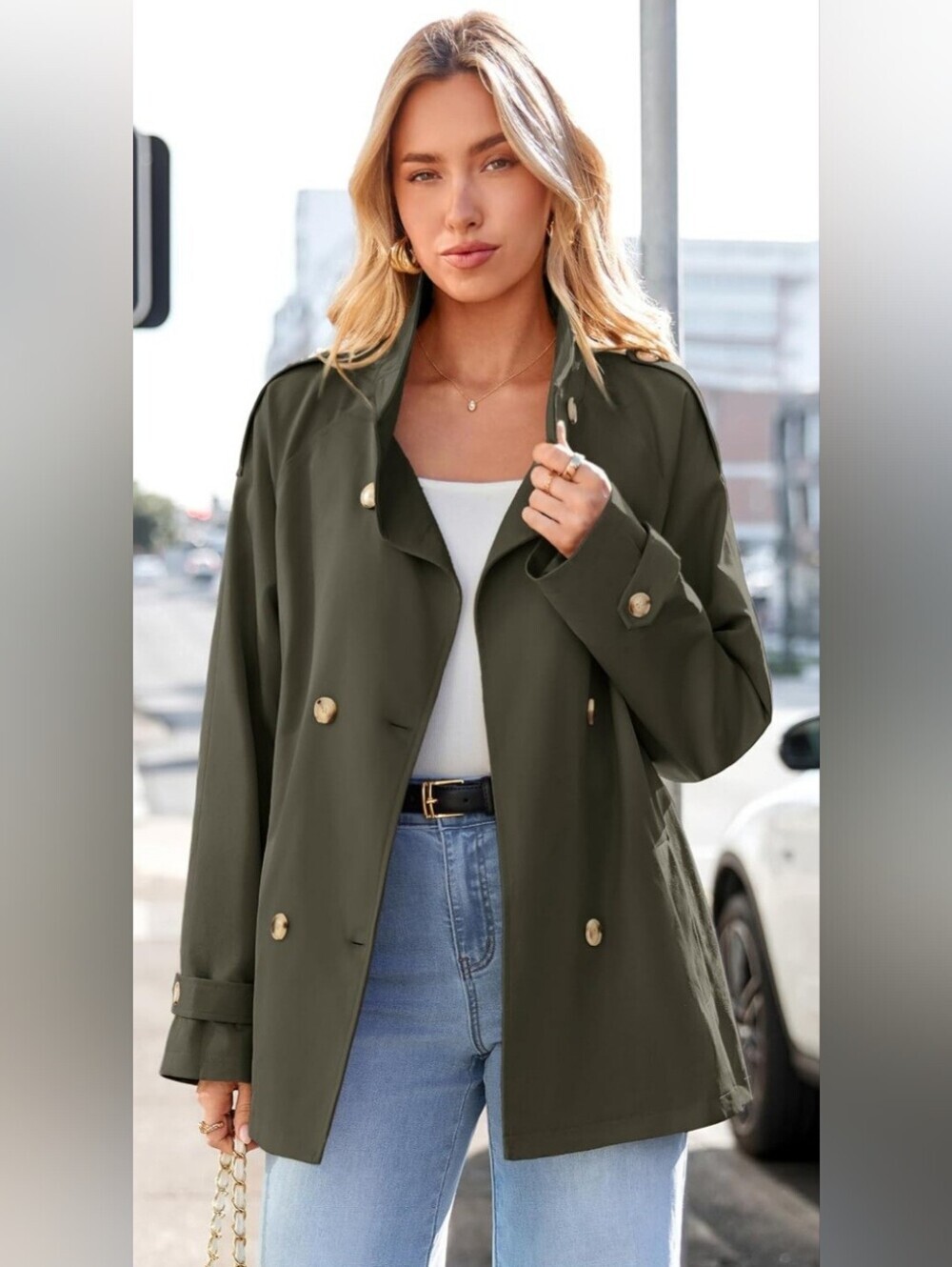 NWT Olive Green Belted Double Breasted Trench Coat Jacket Large - Picture 6 of 6